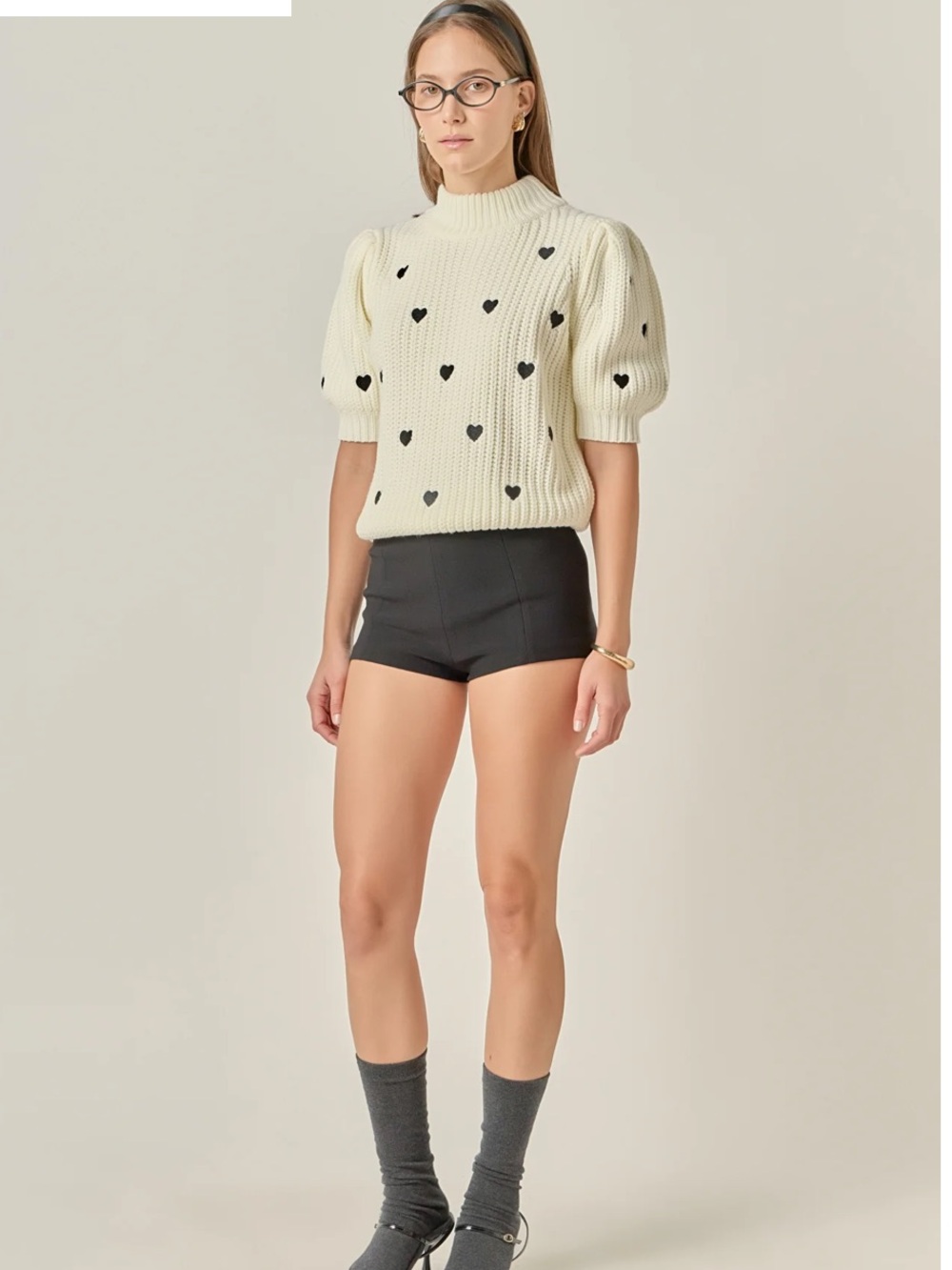 English Factory Cream Short-Sleeve Knit Sweater with Black Heart Accents